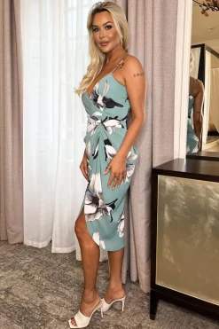 Duck Egg Floral Print Strappy Wrap Top Gathered Skirt Midi Dress