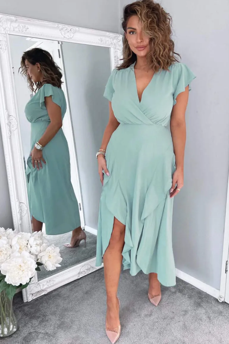 Duck Egg Frill Detail Double Split Skirt Midi Dress