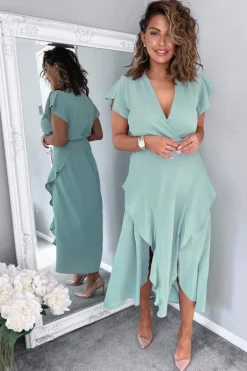 Duck Egg Frill Detail Double Split Skirt Midi Dress