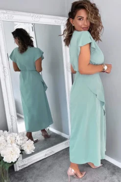 Duck Egg Frill Detail Double Split Skirt Midi Dress