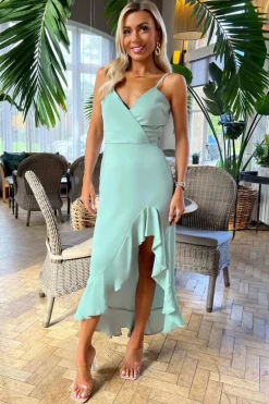 Duck Egg Frill Hem Strappy Midi Dress