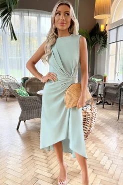 Duck Egg Gathered Midi Dress With Shoulder Pads