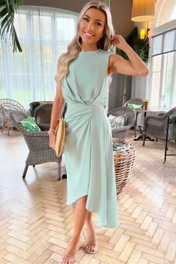 Duck Egg Gathered Midi Dress With Shoulder Pads