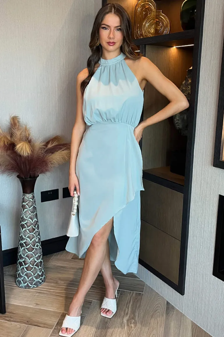Duck Egg Halter Neck Dipped Hem Midi Dress