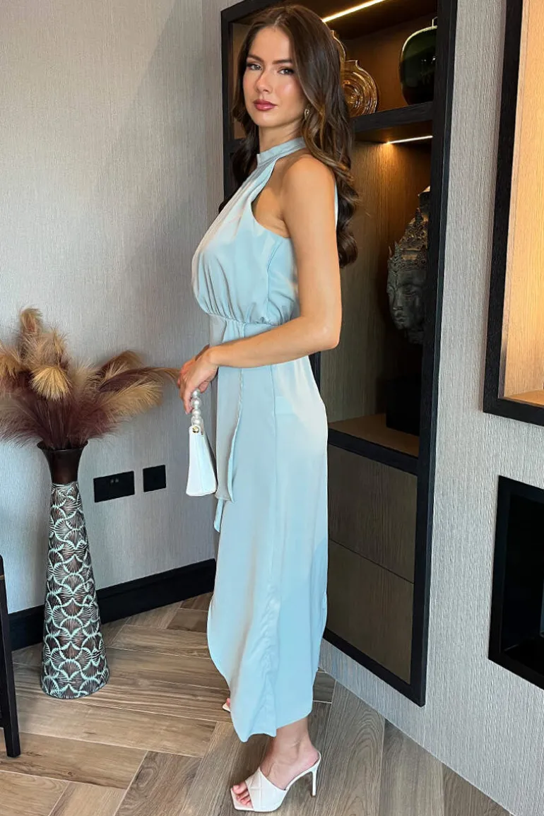Duck Egg Halter Neck Dipped Hem Midi Dress