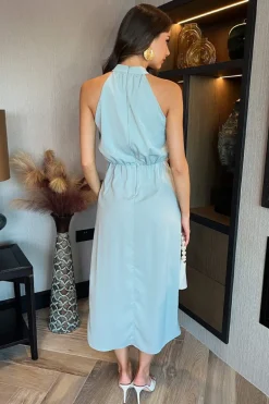 Duck Egg Halter Neck Dipped Hem Midi Dress