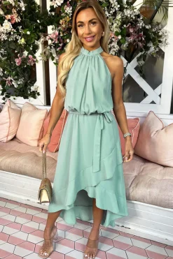 Duck Egg Halterneck Dipped Hem Midi Dress