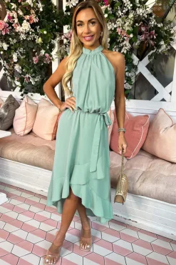 Duck Egg Halterneck Dipped Hem Midi Dress
