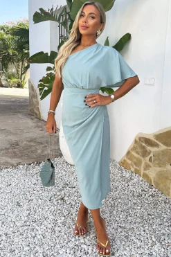 Duck Egg One Shoulder Butterfly Sleeve Wrap Midi Dress