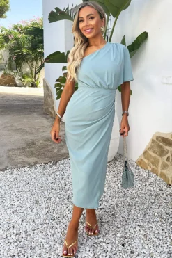 Duck Egg One Shoulder Butterfly Sleeve Wrap Midi Dress