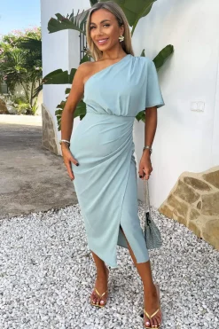 Duck Egg One Shoulder Butterfly Sleeve Wrap Midi Dress