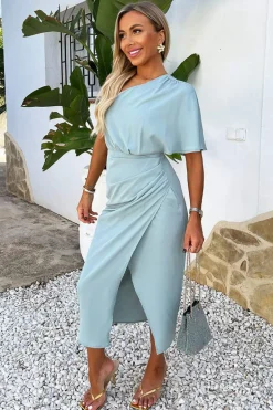 Duck Egg One Shoulder Butterfly Sleeve Wrap Midi Dress