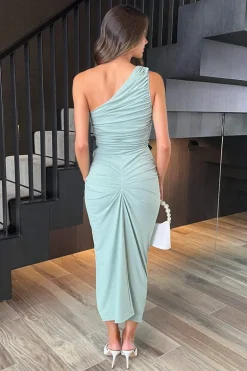 Duck Egg One Shoulder Knot Skirt Midi Dress