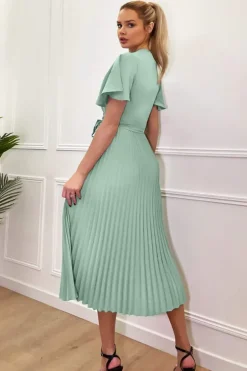 Duck Egg Pleated Midi Dress with Tie Waist