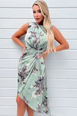 Duck Egg Print Gathered Midi Dress With Shoulder Pads