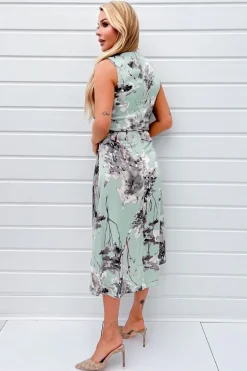 Duck Egg Print Gathered Midi Dress With Shoulder Pads