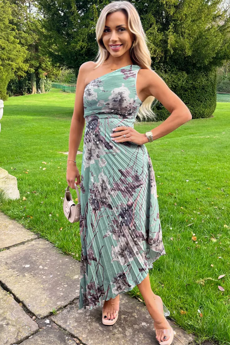 Duck Egg Printed One Shoulder Pleated Midi Dress