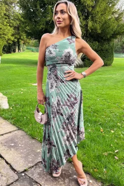 Duck Egg Printed One Shoulder Pleated Midi Dress