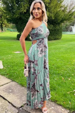 Duck Egg Printed One Shoulder Pleated Midi Dress