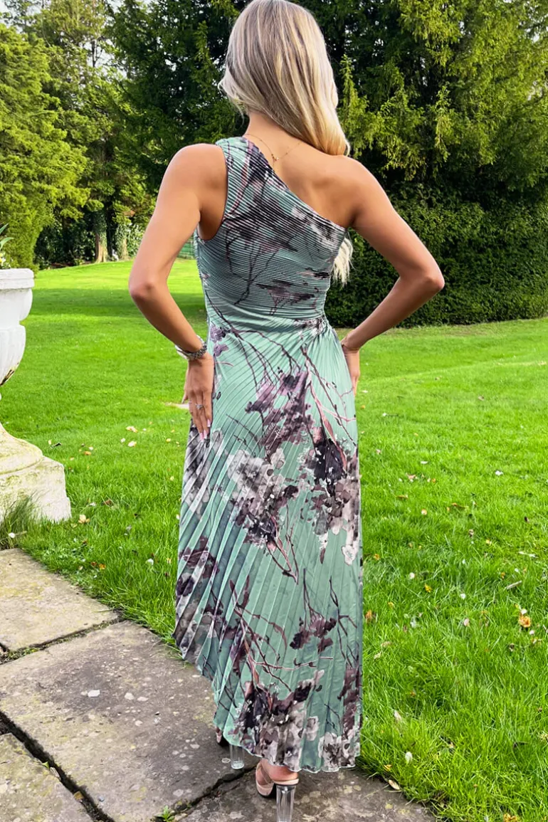 Duck Egg Printed One Shoulder Pleated Midi Dress