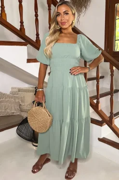 Duck Egg Puff Sleeve Shirred Waist Smock Midi Dress