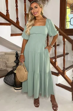 Duck Egg Puff Sleeve Shirred Waist Smock Midi Dress