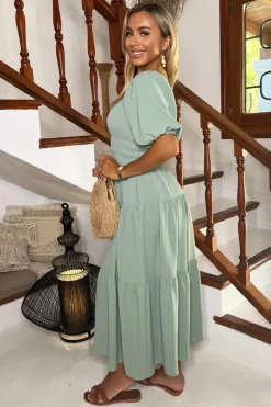 Duck Egg Puff Sleeve Shirred Waist Smock Midi Dress