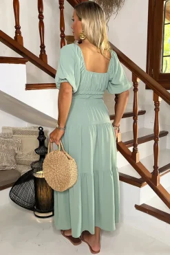 Duck Egg Puff Sleeve Shirred Waist Smock Midi Dress