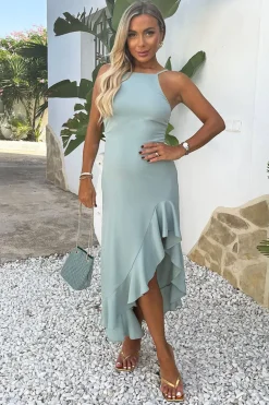 Duck Egg Racer Neck High Low Frill Hem Midi Dress