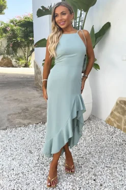 Duck Egg Racer Neck High Low Frill Hem Midi Dress