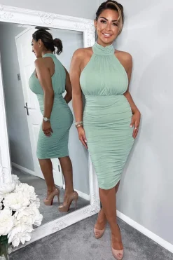 Duck Egg Ruched High Neck Midi Dress