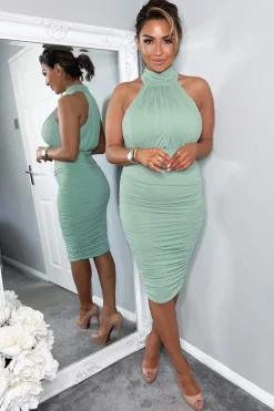 Duck Egg Ruched High Neck Midi Dress