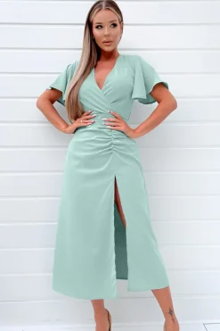 Duck Egg Ruched Split Leg Midi Dress