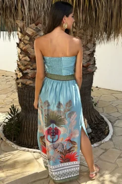 Duck Egg Safari Print Strapless Shirred Waist Side Split Midi Dress