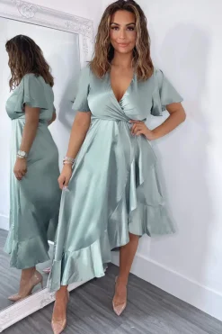 Duck Egg Satin Frill Hem Short Sleeve Midi Dress