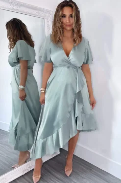 Duck Egg Satin Frill Hem Short Sleeve Midi Dress