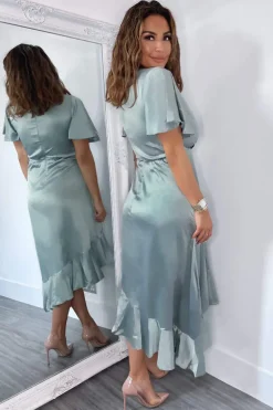 Duck Egg Satin Frill Hem Short Sleeve Midi Dress