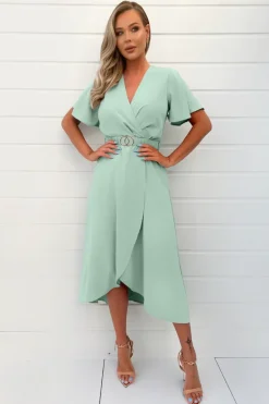 Duck Egg Short Sleeve Belted Wrap Midi Dress