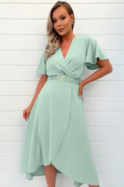 Duck Egg Short Sleeve Belted Wrap Midi Dress