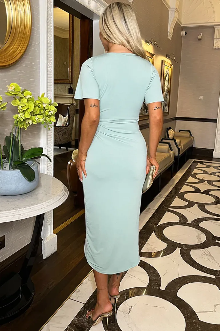 Duck Egg Short Sleeve Ring Detail Wrap Midi Dress
