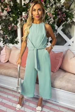 Duck Egg Sleeveless Knot Front Jumpsuit