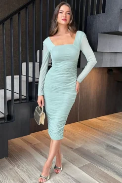 Duck Egg Square Neck Long Sleeve Ruched Bodycon Mesh Midi Dress