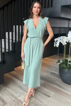 Duck Egg Wrap Top Flutter Sleeve Belted Jumpsuit