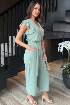 Duck Egg Wrap Top Flutter Sleeve Belted Jumpsuit