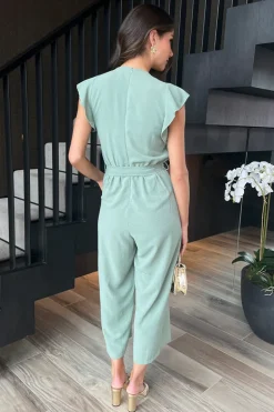 Duck Egg Wrap Top Flutter Sleeve Belted Jumpsuit