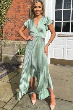 Duck Egg Wrap Top Zig Zag Hem Pleated Midi Dress