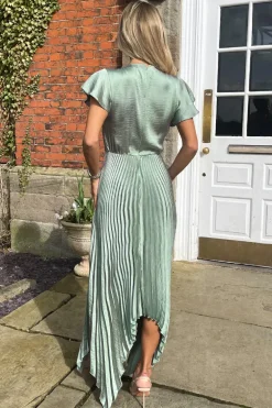 Duck Egg Wrap Top Zig Zag Hem Pleated Midi Dress