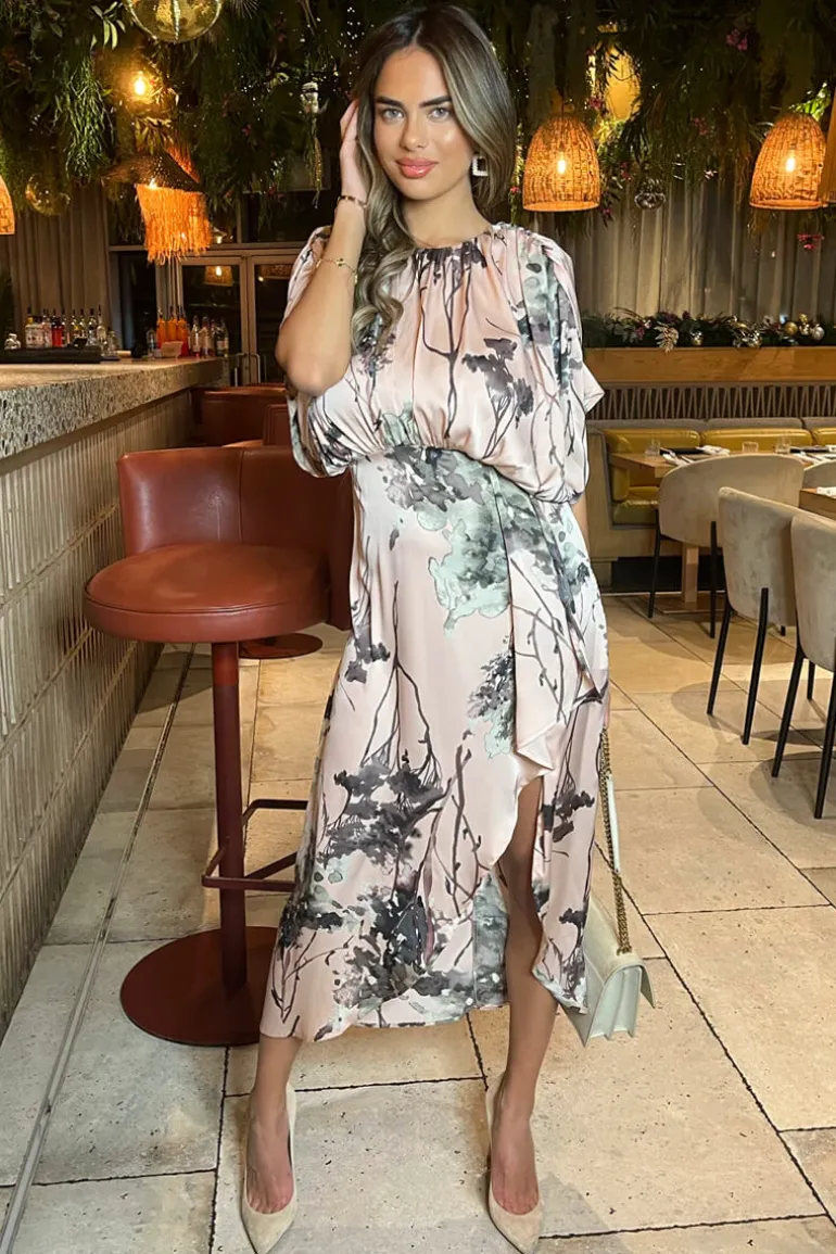 Dusty Pink Printed Batwing Top Wrap Skirt Midi Dress