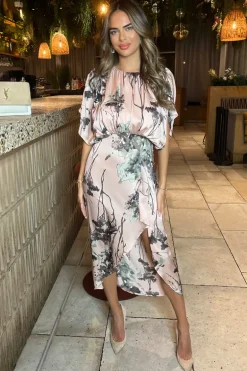 Dusty Pink Printed Batwing Top Wrap Skirt Midi Dress