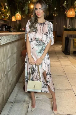 Dusty Pink Printed Batwing Top Wrap Skirt Midi Dress